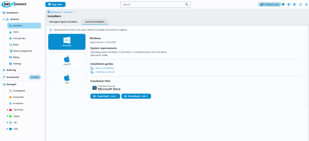 Installers page Control Installers tab with Windows selected. Displaying version info, system requirements (Windows 10, 11, Server 2016 and above, 25MB disk space), and installation guides for manual installation or using Intune. Installation files are available via the Microsoft Store or as .exe and .msi downloads. 